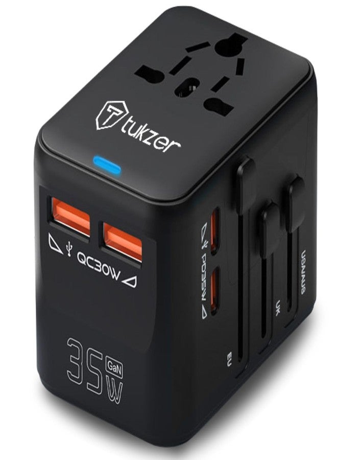 توكزر محول سفر عالمي 5 في 1 من Tukzer بقوة 35 واط، يدعم الشحن السريع، مزود بمنفذي USB-C بتقنية PD ومنفذي USB-A بتقنية QC 3.0، جميعها في محول واحد بمقبس دولي لأجهزة أندرويد، والأجهزة اللوحية، وأجهزة آيفون، والهواتف الذكية، وأجهزة الكمبيوتر المحمولة. - Image 1